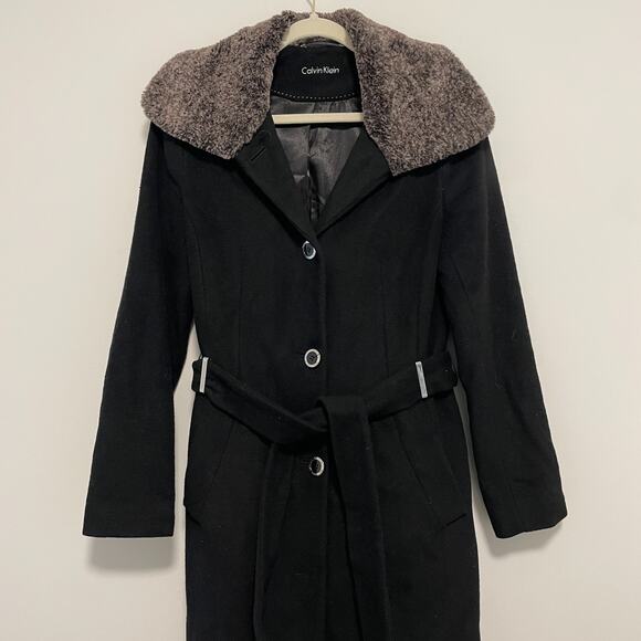 Calvin Klein Long Wool Black Overcoat Faux Fur Collar & Belt Women's Size 4 - Picture 2 of 7